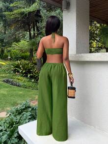 BamGleam Women's Solid Color Cutout Design Halter Neck Sexy Jumpsuit For Vacation - Army Green - View 2