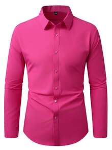 Manfinity Mode Camisa casual de manga larga de un solo color con abotonadura sencilla para hombres, para uso diario y ceremonias - Rosa Fucsia - Ver 3