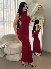 SHEIN SXY 酒紅色性感露背金屬扣無袖洋裝，適合派對、夜晚外出與夏季穿著 - 酒紅色 - 查看 4