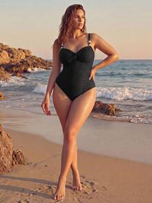 Swim Oasis Plus Size Women's Vacation Twist Design Camisole One-Piece Swimsuit With Cover-Up Pants - Black - View 7