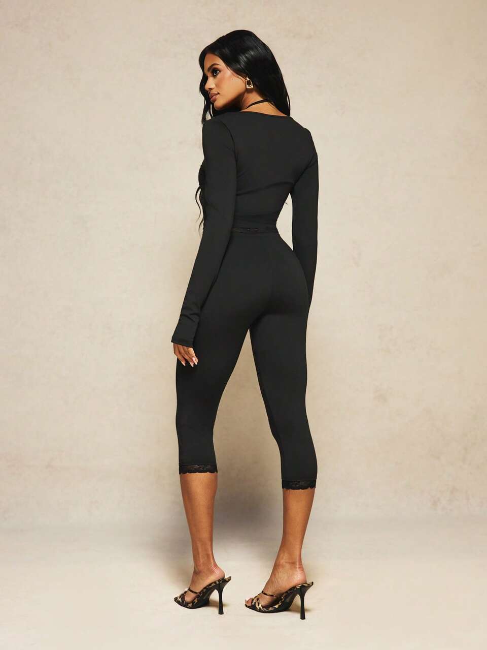 MISSGUIDED X Carli Bybel Lace Trim Capri Legging And Long Sleeve Scoop Neck Crop Top Co-Ord Set Two Piece Outfit