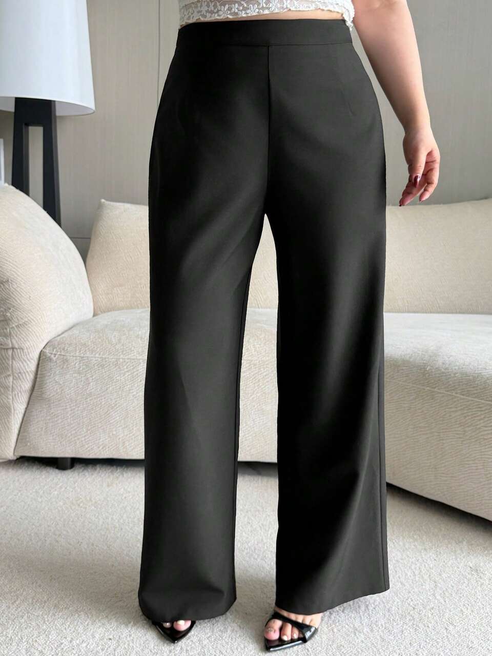 Dazy Plus Solid Color Back Bow Design Fun Commuter Casual Formal Elegant Straight Leg Pants Plus Size Women All Season Long Evening Dinner Black Autumn
