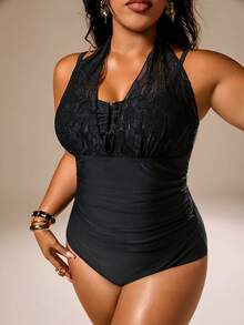 SHEIN Privé Plus Size Women's Summer Beach Party Solid Color Ruched Fashion Halter Neck Tankini Set Bathing Suits Sexy Elegant Black - Black - View 7