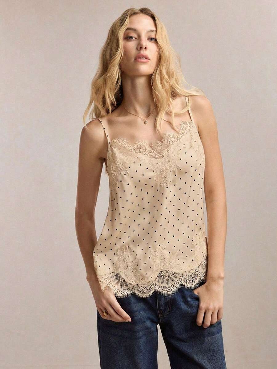 BizChic Spring/Summer New Polka Dot Print Adjustable Thin Strap Lace Trim Neckline Hemline Patchwork Design Women's Cami Tank Top Office Commute Beige - Khaki - View 1