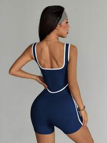 SHEIN Dewbera Mono deportivo sin costuras de color de contraste - Azul Marino - Ver 2