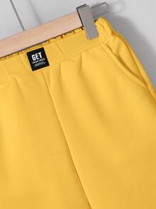 SHEIN Tween Boy Casual Comfortable Patchwork Solid Color 5-Inch Slant Pocket Shorts - Yellow - View 4