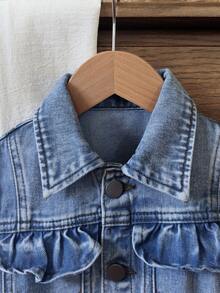 SHEIN Chaqueta vaquera casual versátil de uso diario con botones y pliegues para niña joven - Azul lavado medio - Ver 3