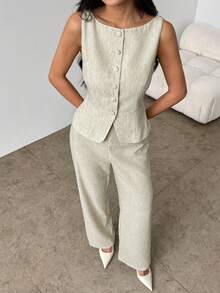 SHEIN PETITE 女款素色圓領單排扣背心與長褲優雅休閒通勤套裝，夏秋辦公商務穿著兩件式套裝，米色 - 灰色 - 查看 5