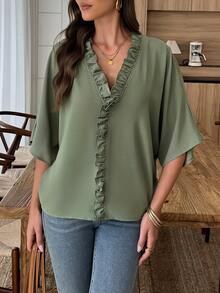 Louniche Women's 2026 Summer Casual V Neck Ruffle Trim Blouse, Batwing Sleeve Loose Fit Flowy Shirt For Daily Commute Vacation - Army Green - View 4