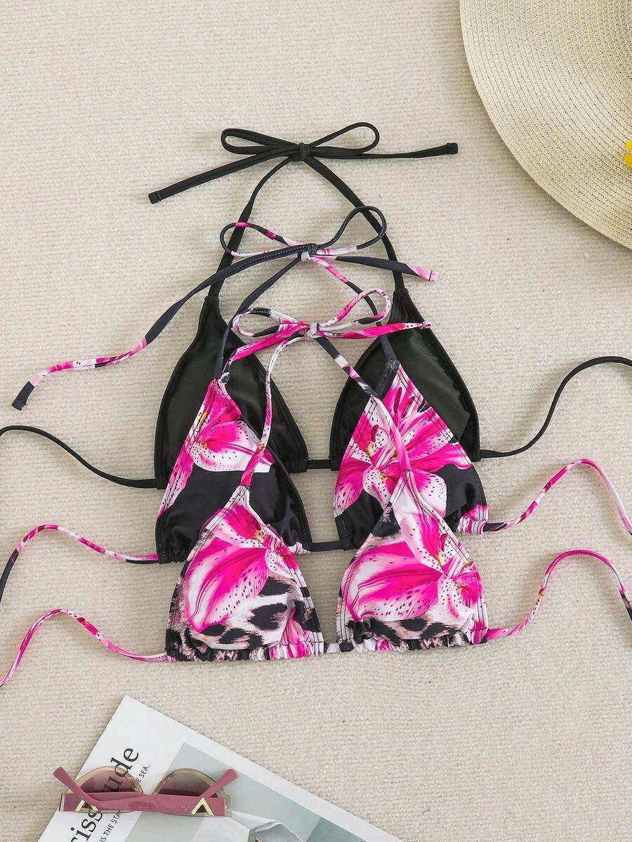 Swim SXY 大尺碼女款3件式泳衣上衣套裝，黑白多色針織豹紋隨機圖案細肩帶極簡休閒比基尼上衣 - 黑色 - 查看 1