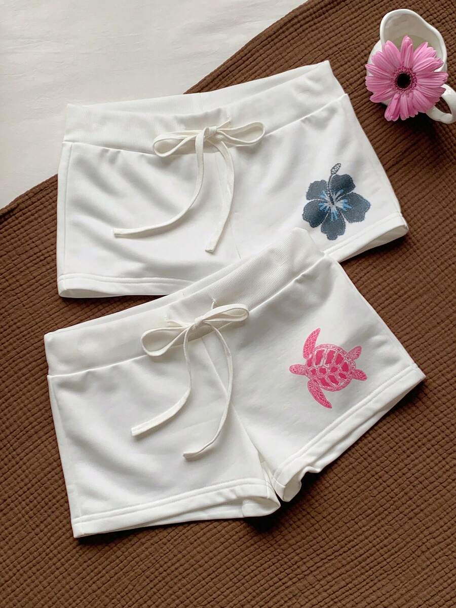 Comfortcana 女款抽繩腰花卉海龜印花休閒百搭日常短褲 - 白色 - 查看 1