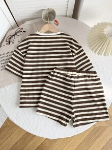 SHEIN Kids Tween Girl Brown Striped Round Neck Drop Shoulder Top And Drawstring Shorts Casual 2-Piece Set - Brown - View 2
