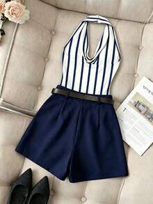 Franclia Casual Fashion Commute Versatile Solid Color Pleated Halterneck Halter Neck Top With Black Skort (Includes Belt) 2pcs Set - Navy Blue - View 2