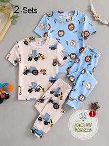 Boy's And Young Boy Cute Cartoon Print Short Sleeve Long Pants Knit Snug Fit Pajama Loungewear Set - Multicolor - View 5