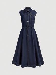 SHEIN Teen Girls Fashion Casual Y2k Vintage Cool Dark Blue Denim Sleeveless V-Neck Dress For Rave Outfits - Blue - View 6