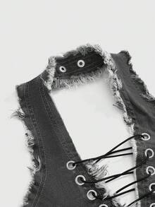 ROMWE Grunge Punk Summer Punk Music Festival Eyelet Lace-Up Halter Neck Fitted Denim Top - Grey - View 4