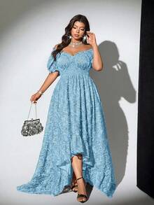 Viva Relle Plus Size Women's Off-Shoulder Short Sleeve French Vintage Youthful Sweet Sexy Dress - Blue - View 1