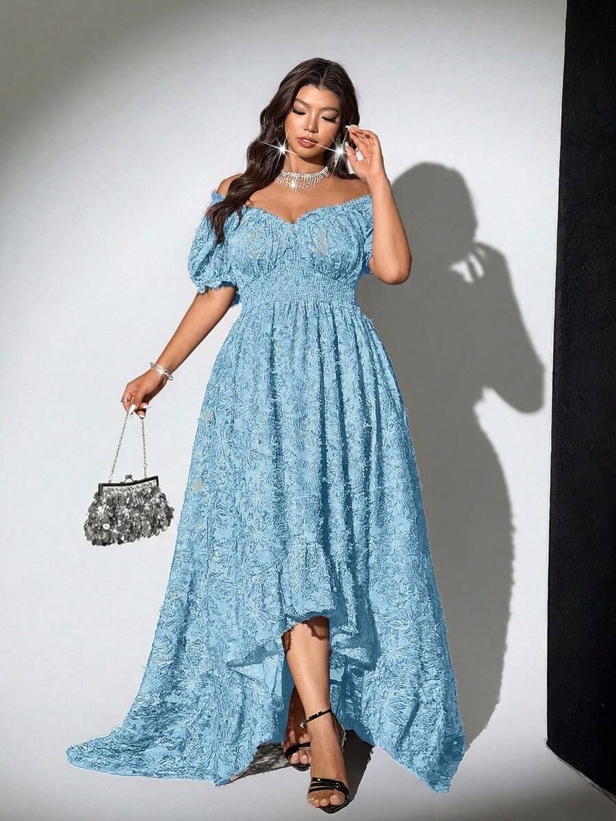 Viva Relle Plus Size Women's Off-Shoulder Short Sleeve French Vintage Youthful Sweet Sexy Dress - Blue - View 1
