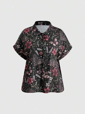 Fairycore Casual Gothic Moon Plant Vintage All-Over Print Women's Shirt