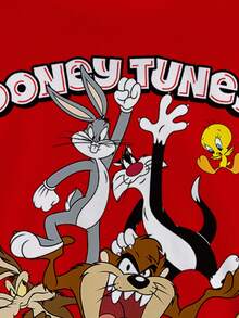 LOONEY TUNES X SHEIN 男士圆领长袖舒适休闲卡通字母印花套头衫，秋冬 - 白色 - 查看 6