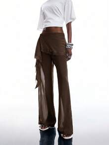 LYSMO Women's Solid Color Contrast Lace 2 In 1 Fashion Long Pants Night Party Vacation Dark Brown Summer Disco Sexy Y2k - Coffee Brown - View 4