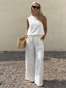 DAZY Women's Casual Solid Color Sleeveless Top And Jeans Pants Set, Spring/Summer - White - View 8
