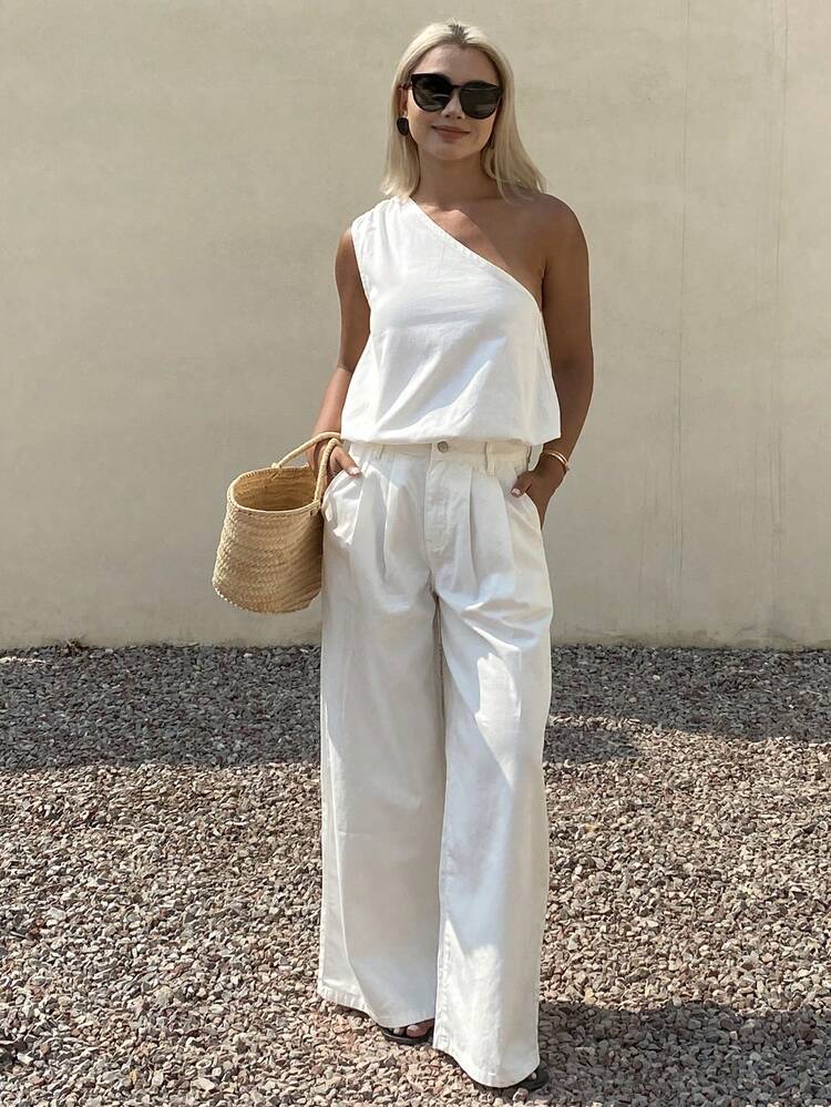 Women's Casual Solid Color Sleeveless Top And Jeans Pants Set, Spring/Summer