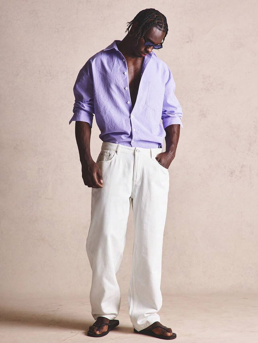 Musero Pantalón vaquero de pierna recta con cierre de botones y detalle de trabillas para cinturón, esencial para primavera y verano - Beis - Ver 1