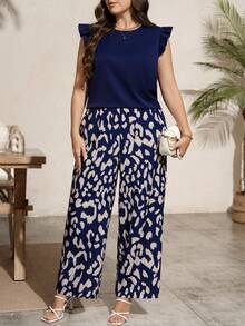 Comfylo Plus Size Casual Solid Color Top And Leopard Print Pants 2 Pieces Set - Navy Blue - View 5