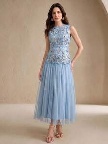 Anewsta Women's Elegant Light Blue Sleeveless Mesh Sequin Floral Embroidery Contrast Mesh A-Line Dress - Baby Blue - View 6
