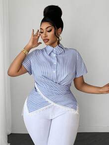 Maweii Plus Size Criss-Cross Lace-Up Collar Blue And White Ruffle Short Sleeve Elegant Blouse Beach Vacation Office Summer - Multicolor - View 4