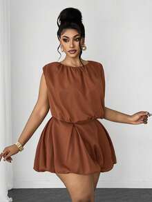 Maweii Conjunto de top sin mangas y shorts con diseño de capullo para mujer de talla grande - Marrón - Ver 2