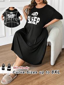 SHEIN CURVE+ Plus Size Women Round Neck Letter & Panda Print Casual Party Dress - Black - View 11