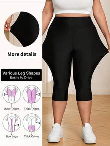 SHEIN CURVE+ Women's Super Soft Cropped Pants In Plus Size For Summer, Made Of Cool Fabric Cropped Pants Gym Brown - Black - View 10