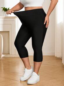 SHEIN CURVE+ Women's Super Soft Cropped Pants In Plus Size For Summer, Made Of Cool Fabric Cropped Pants Gym Brown - Black - View 4