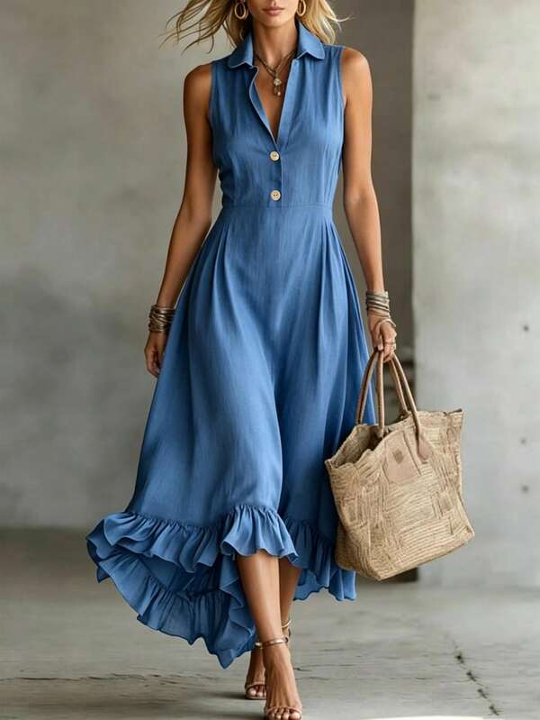 Breezaya Blue Linen Dress With A High-Low Ruffled Hem-Suitable For Spring/Summer And Autumn/Winter-Perfect For Seaside Vacations, Leisure, And Country Getaways