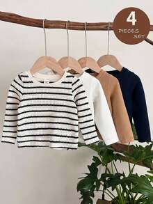LMoss Kids 4pcs Baby Boy Knitted Solid Striped Crew Neck Casual Tops Set - Multicolor - View 4