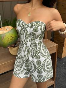 Mono de playa para mujer estilo vacaciones primavera/verano, bandeau, cintura ceñida, fruncido, estampado, nudo cruzado, pernera ancha, pantalones cortos - Rosa - Ver 10