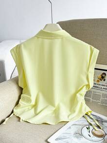 SHEIN Tween Girl Casual Everyday Versatile Comfortable Turn Collar Side Gathered Shirt - Yellow - View 2