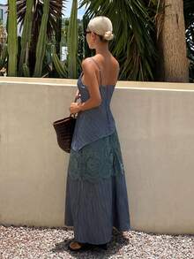 Livesso Damen Sommer V-Ausschnitt Blau Spitze Patchwork mehrlagig gerafft locker Bohemian Urlaubs-Kleid - Grau - Übersicht 4