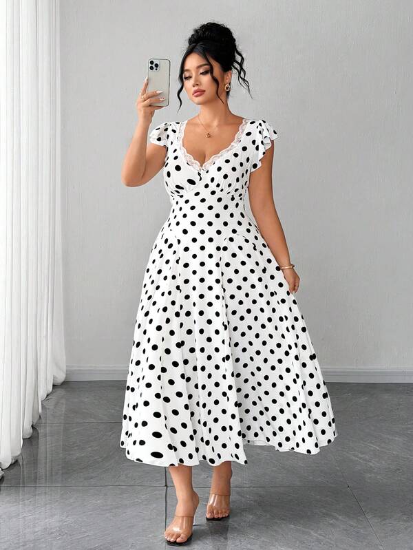 Elenzga Women's Plus Size Diamond Neckline Contrast Lace Trim Flutter Sleeve Cinched Waist Loose Full Skirt Polka Dot Print Casual Vacation Dress