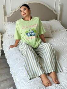 Dazy Plus 2pcs Set Printed Loose Short Sleeve T-Shirt & Striped Straight Leg Long Pajama Pants, Popular Green Color Sleepwear - Mint Green - View 4