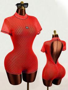 Mistrie 2026 Summer New Red Polka Dot Mesh Turtleneck Short Sleeve Backless Pleated Skinny Sheer Transparent Jumpsuit Set Suitable For Club Party - Red - View 1