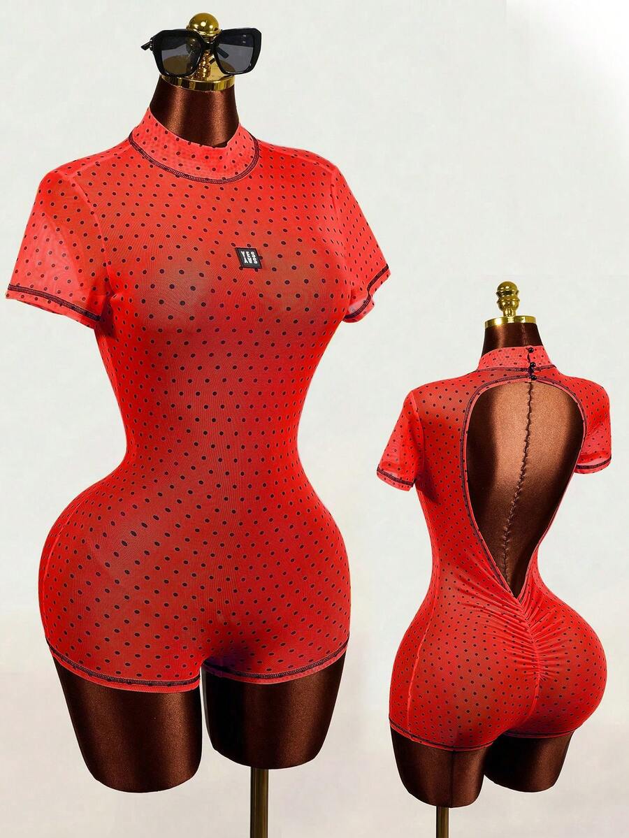 Mistrie 2026 Summer New Red Polka Dot Mesh Turtleneck Short Sleeve Backless Pleated Skinny Sheer Transparent Jumpsuit Set Suitable For Club Party - Red - View 1