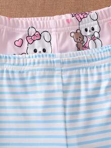 4件組女嬰居家連身衣套裝，滿版可愛卡通兔子愛心+粉色與白色條紋，圓領設計，短袖短褲貼身睡衣，居家、戶外玩耍、休閒夏季風格 - 彩色 - 查看 4