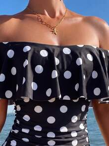 Swim Lushoire Spring/Summer Black & White Polka Dot Random Print Ruffle Off-Shoulder Side Ruched One-Piece Women's Swimsuit Festival Boho - Multicolor - View 4