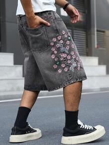 Manfinity EMRG 男士街頭風休閒刺繡灰色牛仔短褲 - 灰色 - 查看 4