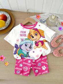 SHEIN | PAW Patrol 女嬰圓領字母卡通印花短袖T恤與短褲休閒日常套裝 - 彩色 - 查看 1