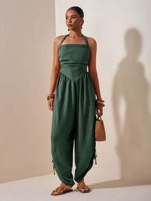 Zivah Jumpsuit Wanita Warna Polos untuk Liburan, Model Liburan, dengan Lipit di Bagian Bawah, Tali Serut, dan Leher Halter. - Hijau Tentara - View 14