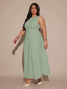 SHEIN BAE Plus Size Women's Summer Full Flare Boat Neck Elegant Long Sleeveless Dress Wedding Guest Sage Green - Mint Green - View 6
